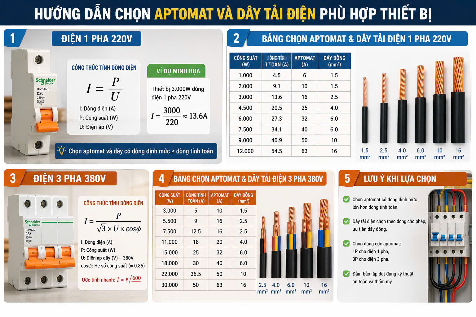 Hướng dẫn chọn Aptomat - dây tải điện phù hợp